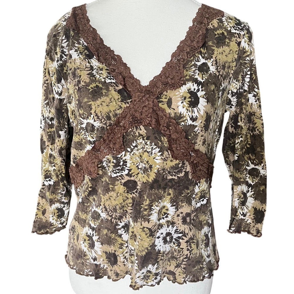Axcess Liz Claiborne Womens L Floral Sunflower Lace Trim 3/4 Sleeve Top Brown